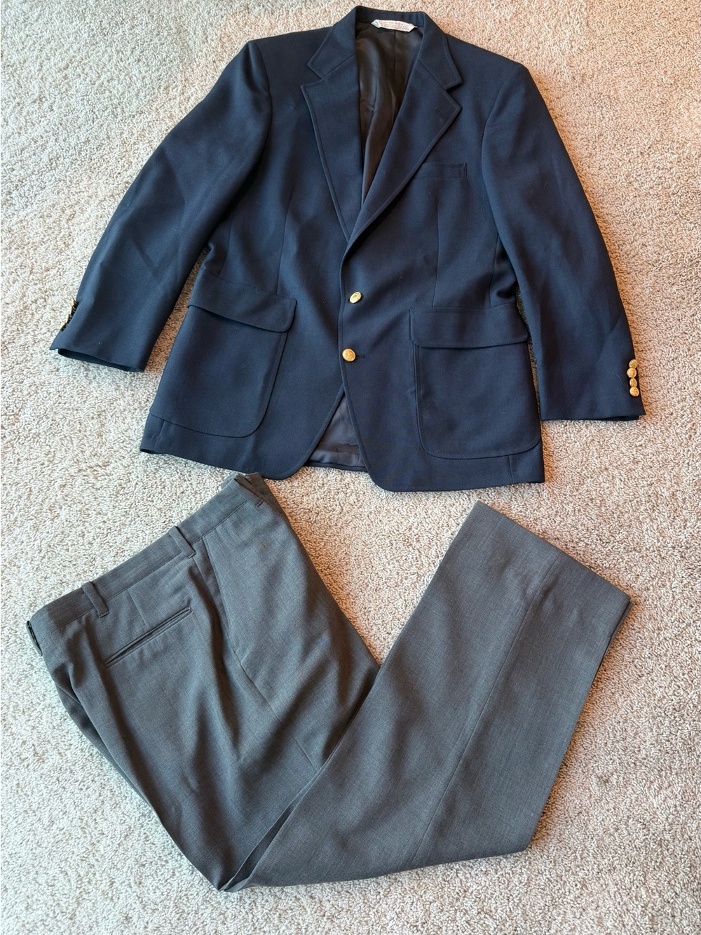 Navy Blue Men's Blazer with Gold Buttons and Gray Trousers